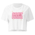 Soft Mode Pink Bubble white crop top front product mockup with pink bubble lettering and sparkle accents