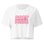 Soft Mode Pink Bubble white crop top front product mockup with pink bubble lettering and sparkle accents