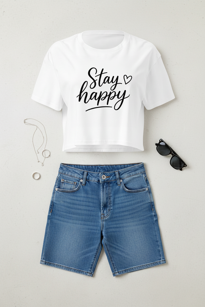 Stay Happy Cropped Festival Top flat lay styled with a denim skirt and casual accessories