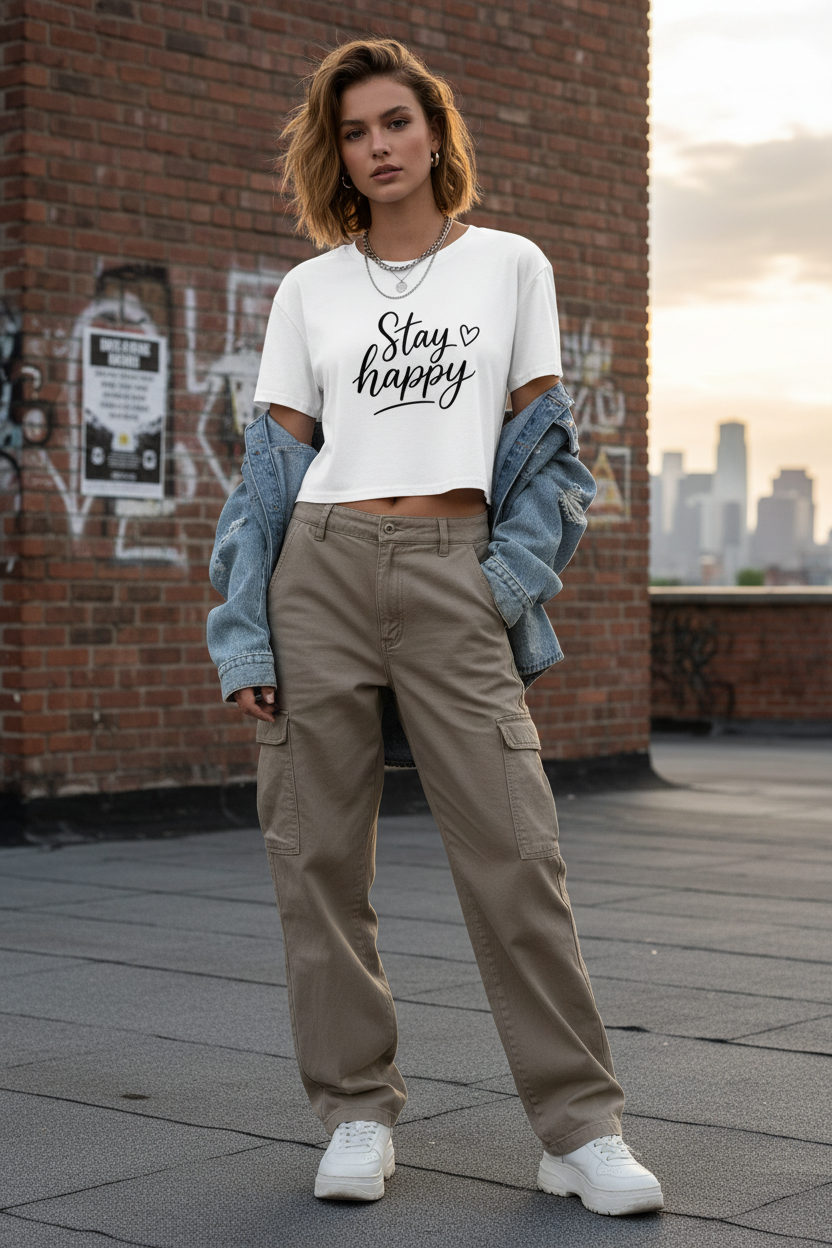 Model wearing the Stay Happy Cropped Festival Top in front of a graffiti wall