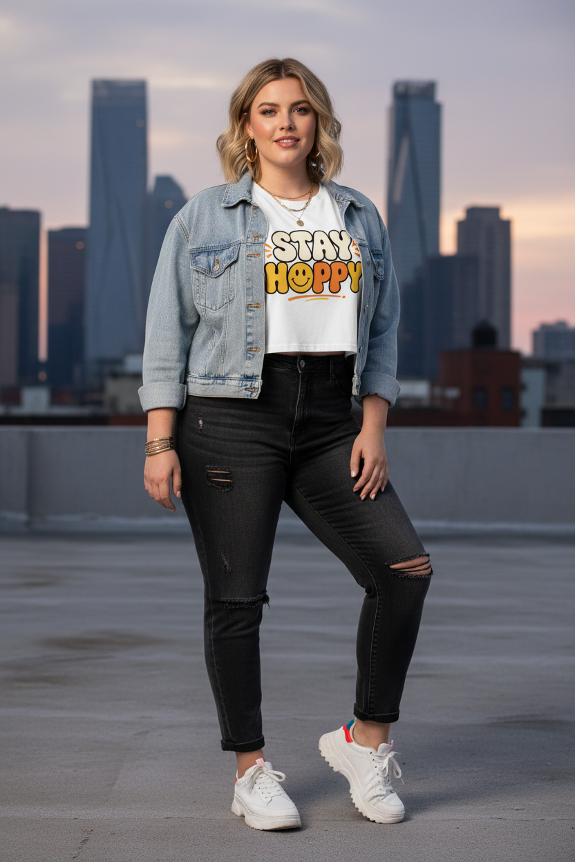 Model wearing the Stay Happy Women’s Crop Top with a city skyline backdrop
