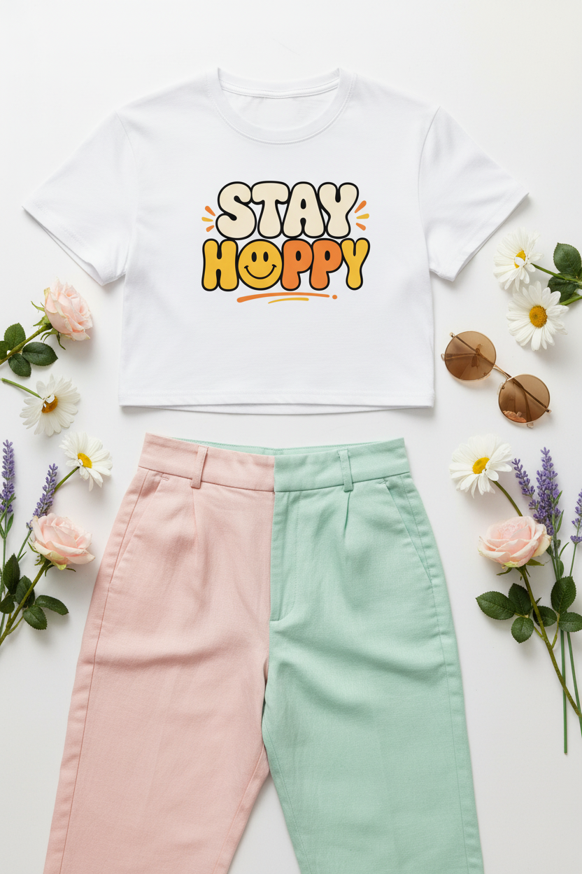 Stay Happy Women’s Crop Top flat lay styled with pastel trousers and soft accessories