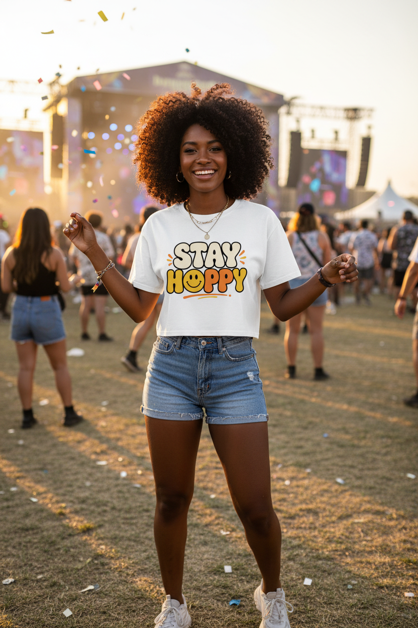 Model wearing the Stay Happy Women’s Crop Top at an outdoor festival scene