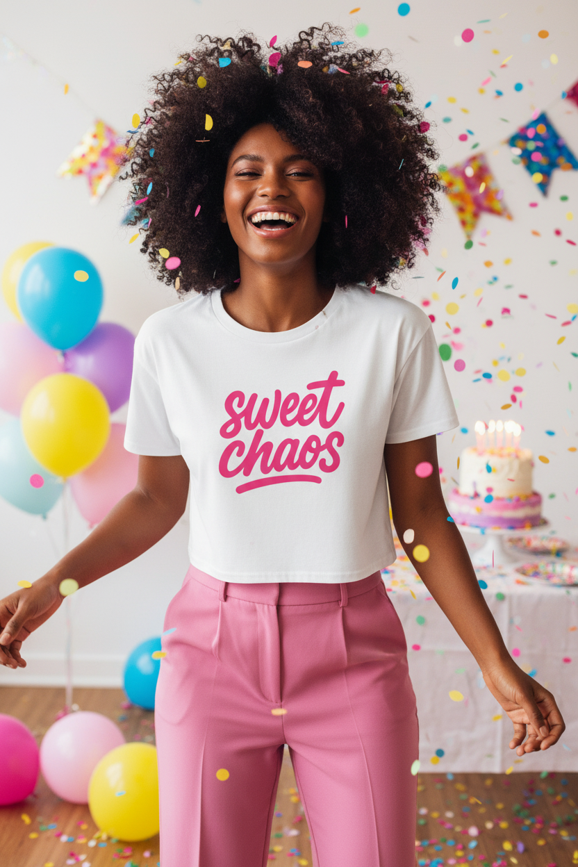 Model wearing the Sweet Chaos Pink Script Crop Top in a colourful balloon party scene