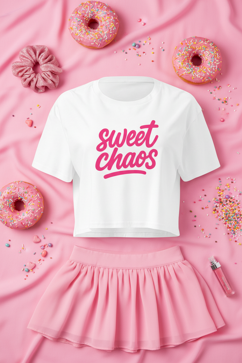 Sweet Chaos Pink Script Crop Top flat lay styled with a pink skirt on a floral pink background