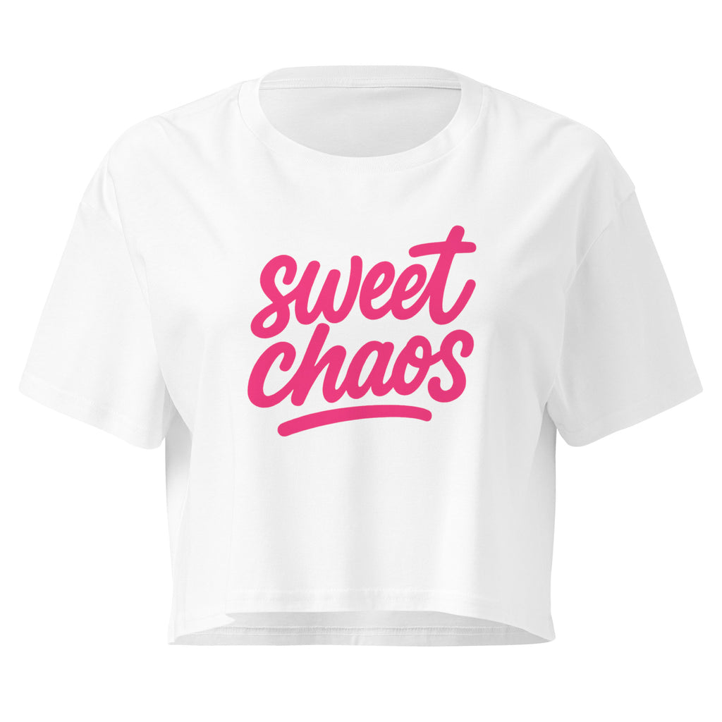 Sweet Chaos Pink Script white crop top front product mockup with bold hot pink lettering