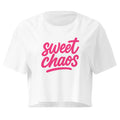Sweet Chaos Pink Script white crop top front product mockup with bold hot pink lettering