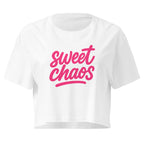 Sweet Chaos Pink Script white crop top front product mockup with bold hot pink lettering