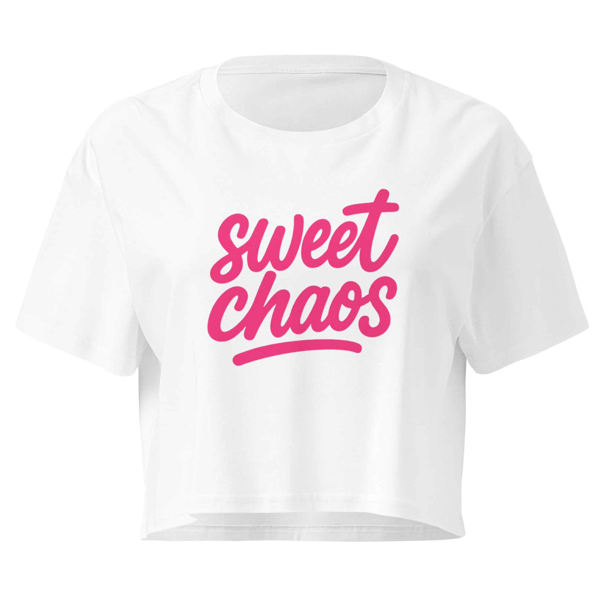 Sweet Chaos Pink Script white crop top front product mockup with bold hot pink lettering