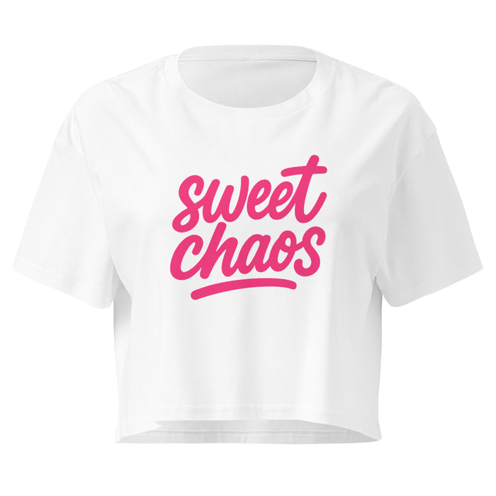 Sweet Chaos Pink Script white crop top front product mockup with bold hot pink lettering