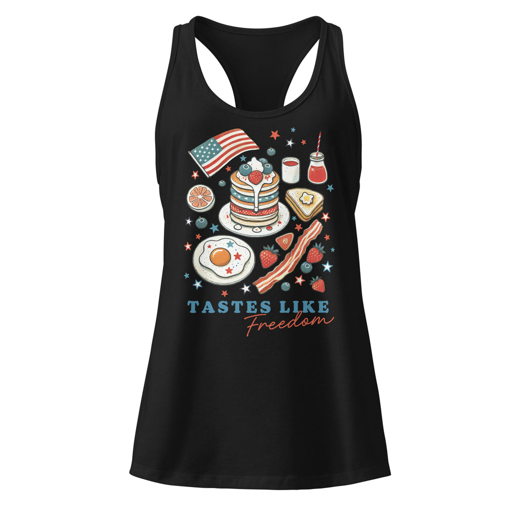 Tastes Like Freedom black racerback tank top front product mockup with patriotic breakfast graphic