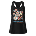 Tastes Like Freedom black racerback tank top front product mockup with patriotic breakfast graphic