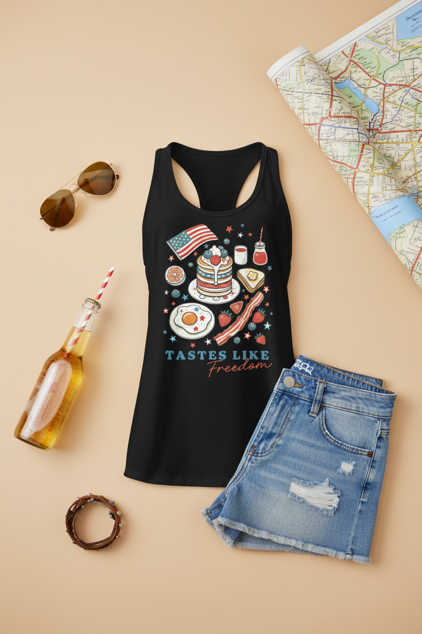 Tastes Like Freedom Racerback Tank Top flat lay styled with denim shorts and a travel map