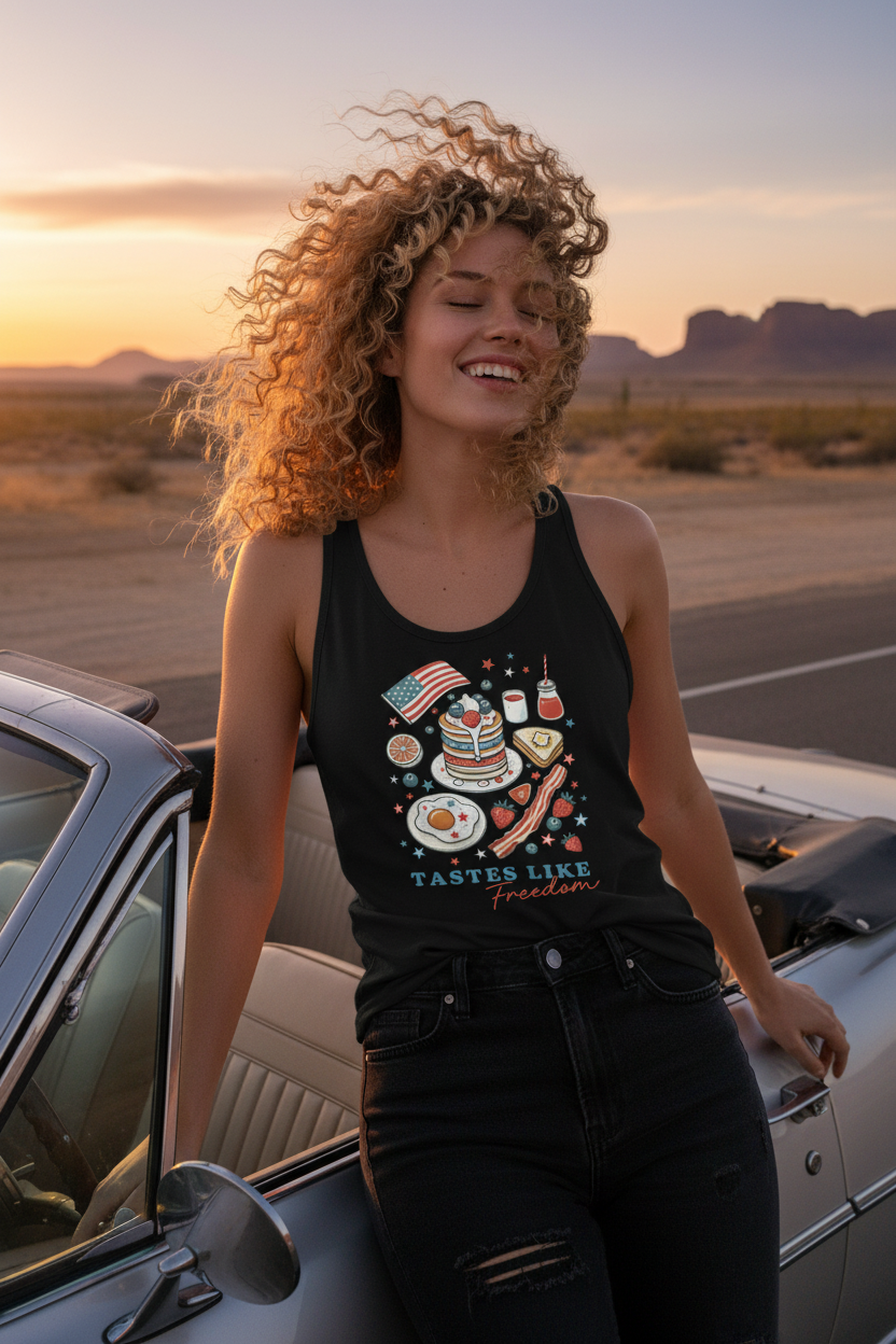 Model wearing the Tastes Like Freedom Racerback Tank Top beside a car in a road trip scene