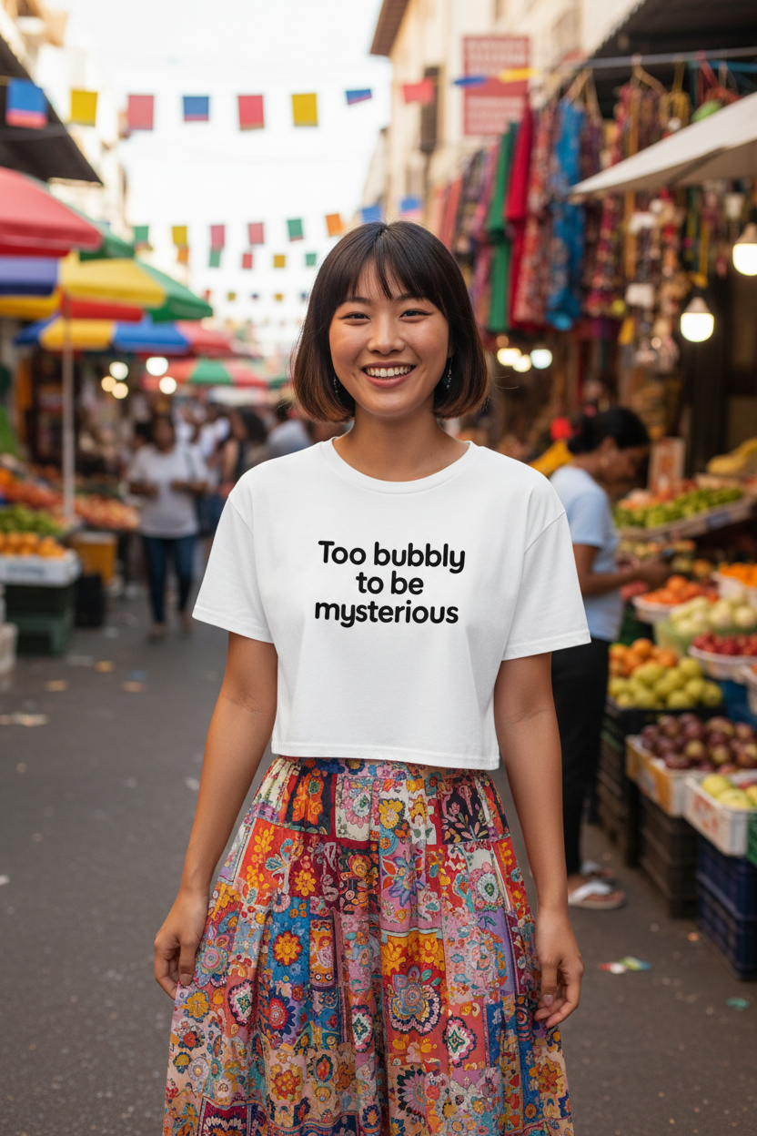 Model wearing the Too Bubbly To Be Mysterious Crop Top in a colourful market scene