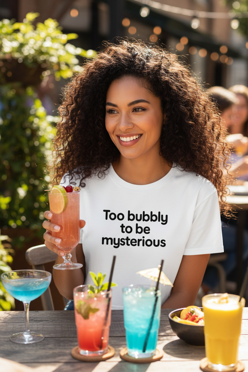 Model wearing the Too Bubbly To Be Mysterious Crop Top outdoors at a table with colourful drinks
