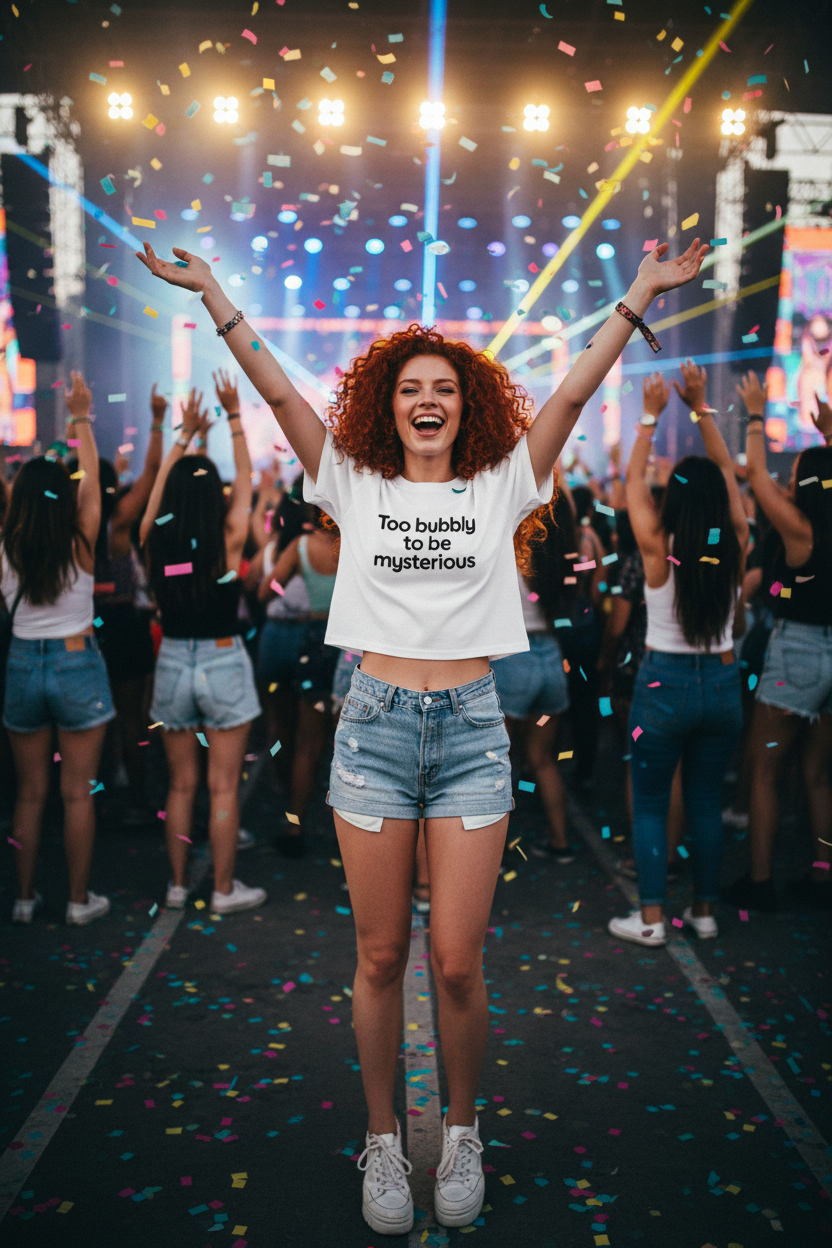 Model wearing the Too Bubbly To Be Mysterious Crop Top in an evening lights scene