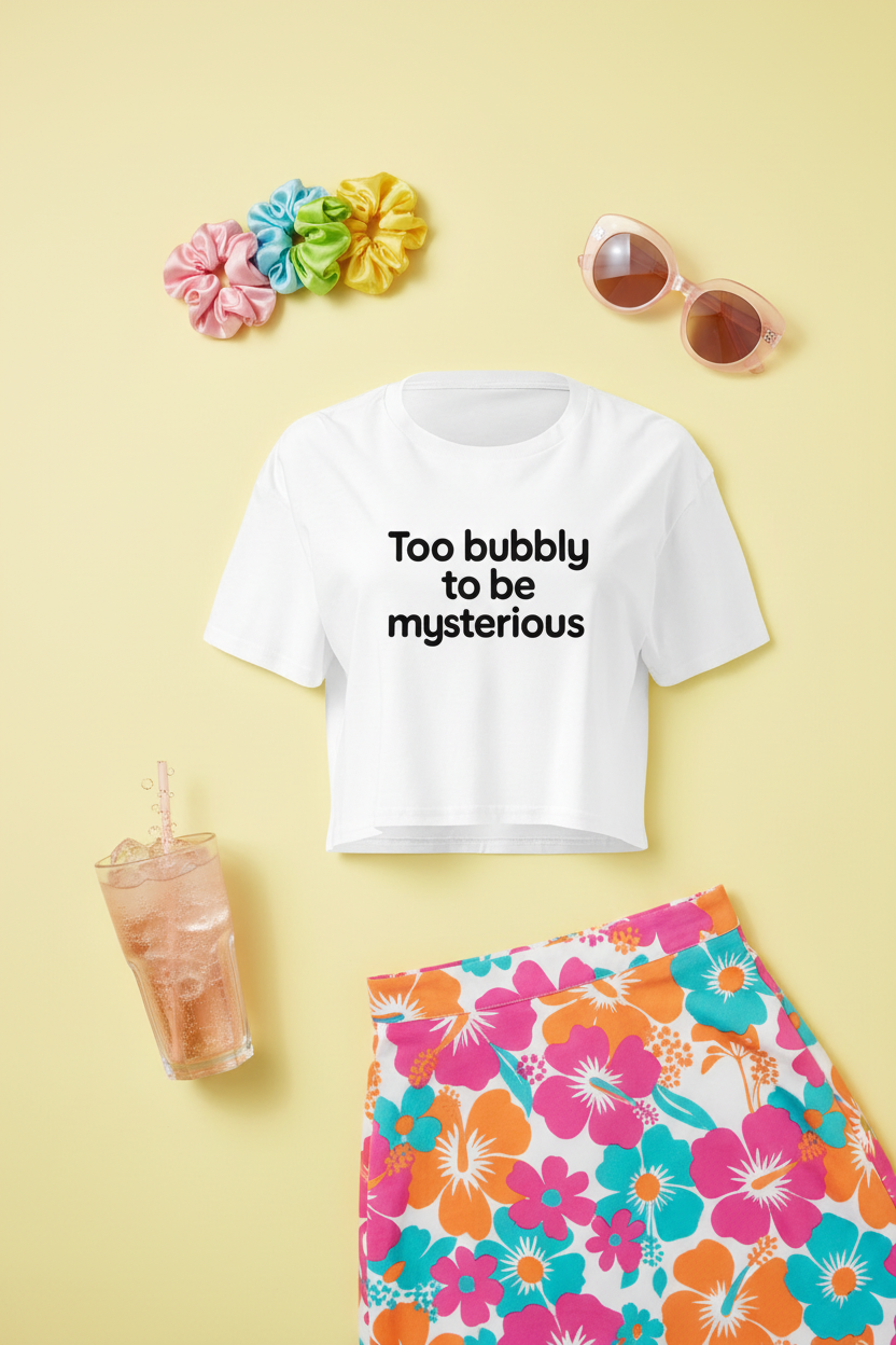 Too Bubbly To Be Mysterious Crop Top flat lay styled with a colourful floral skirt on a yellow background