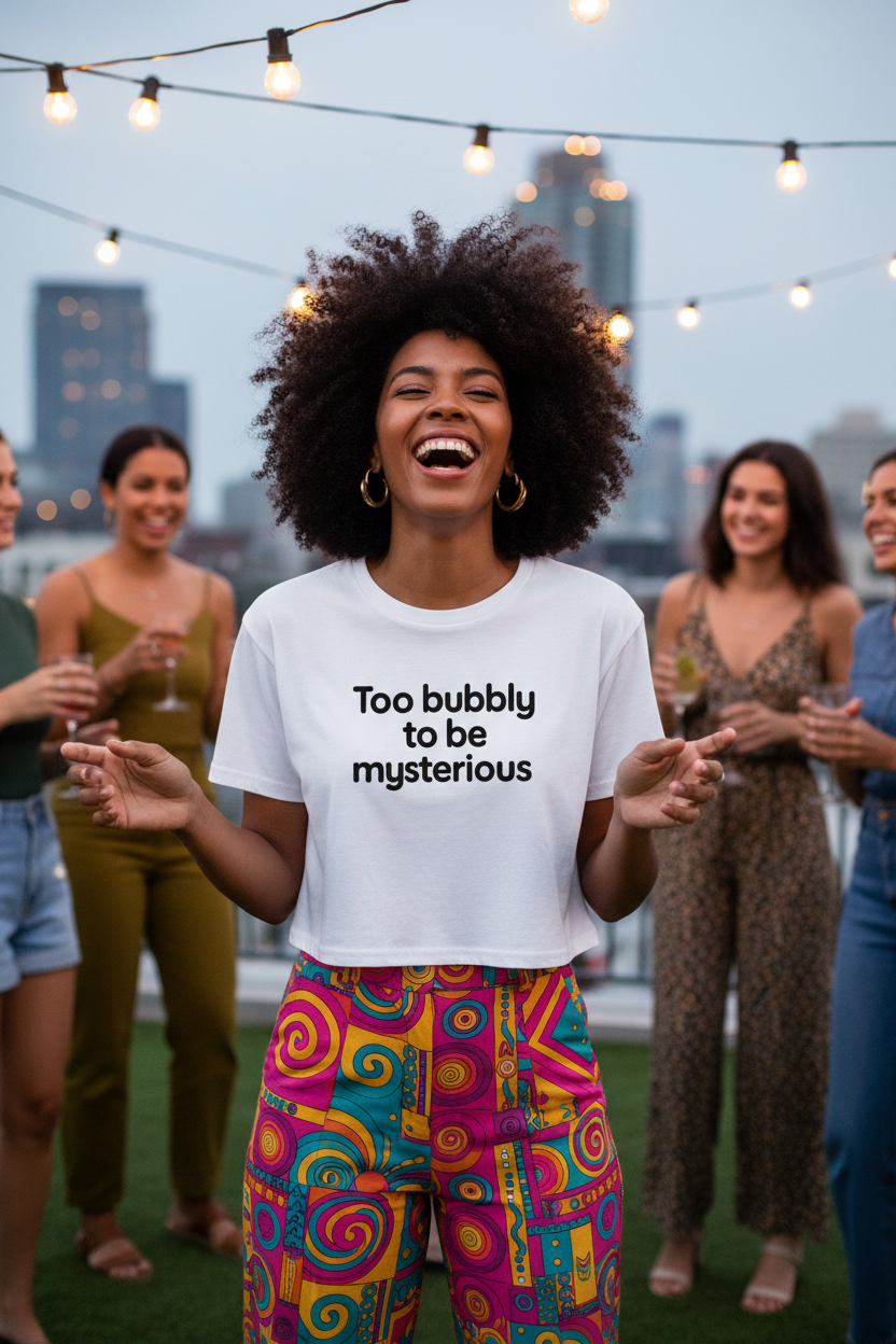 Model wearing the Too Bubbly To Be Mysterious Crop Top in an outdoor party scene