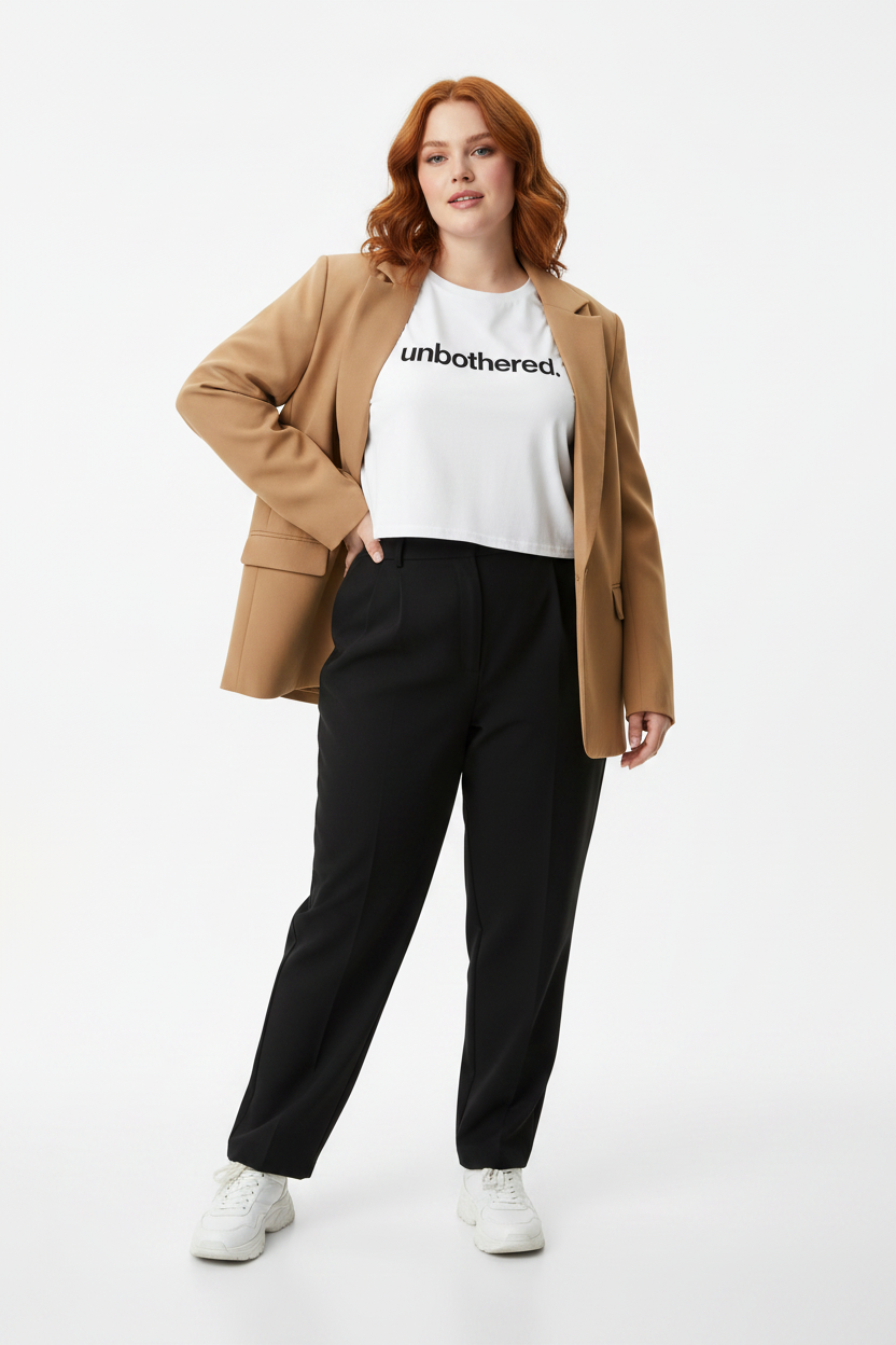 Model wearing the Unbothered Minimalist Crop Top with a beige blazer in a studio scene