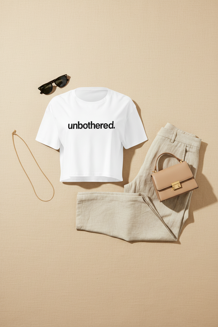 Unbothered Minimalist Crop Top flat lay styled with beige trousers and a tote bag
