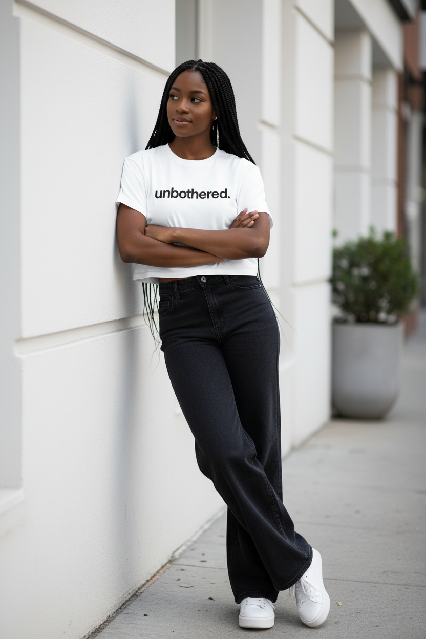 Model wearing the Unbothered Minimalist Crop Top in a minimal studio scene