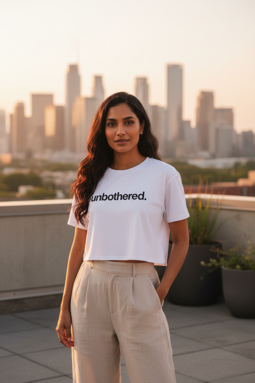 Model wearing the Unbothered Minimalist Crop Top on a rooftop with a city skyline