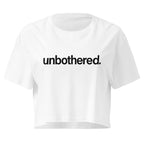 Unbothered Minimalist white crop top front product mockup with clean black text design