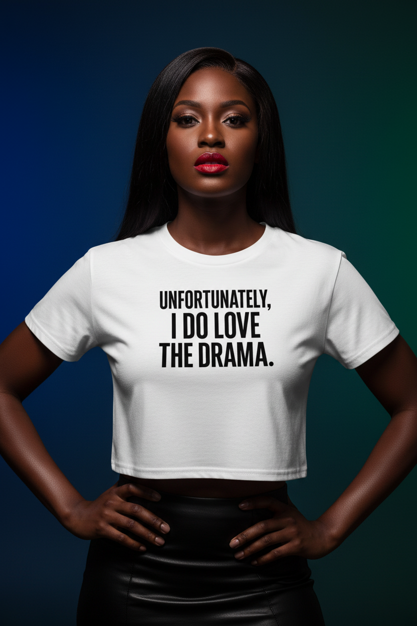 Model wearing the Unfortunately I Love The Drama Crop Top in a dark studio scene