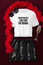 Unfortunately I Love The Drama Crop Top flat lay styled with black sequins and red feather details