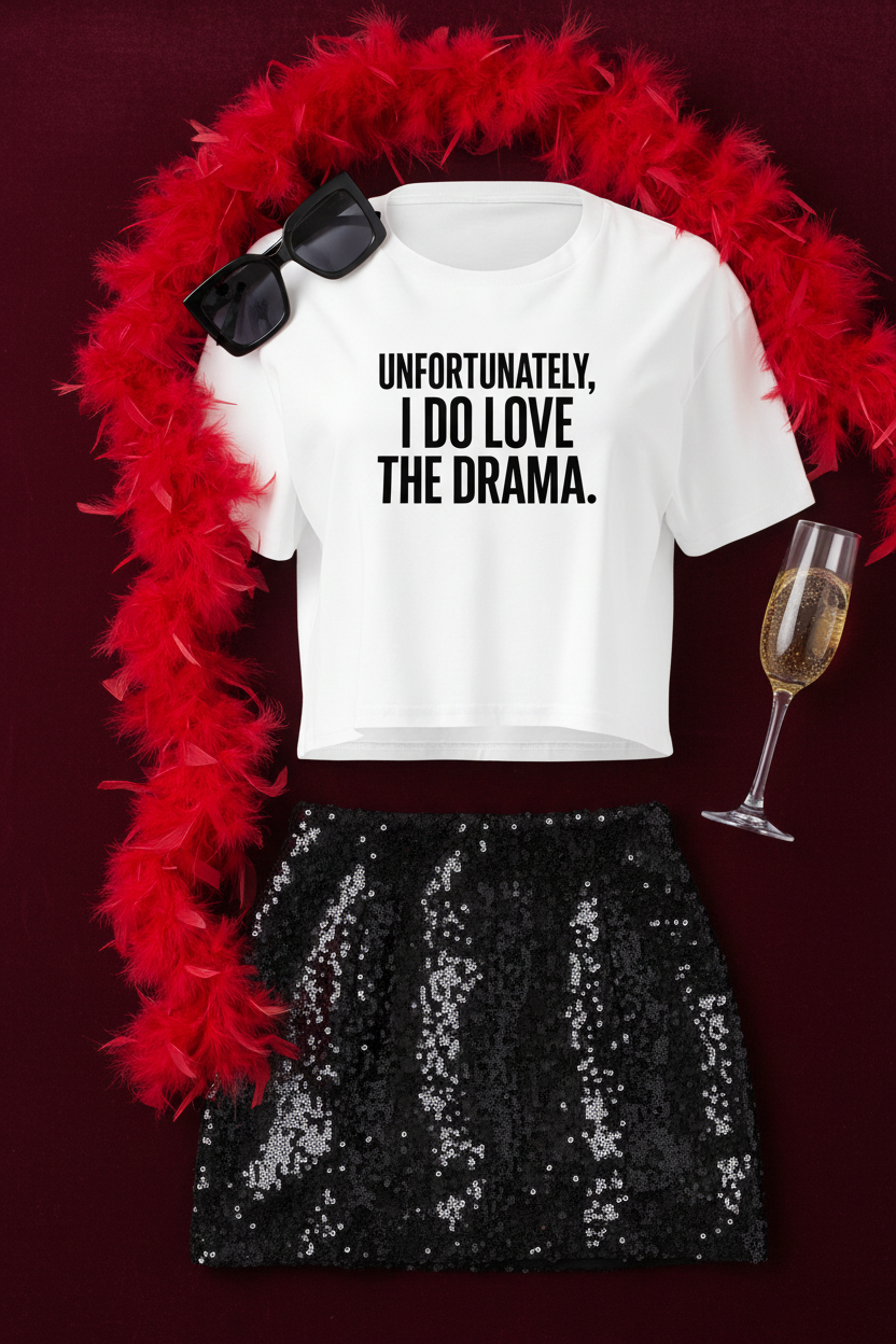 Unfortunately I Love The Drama Crop Top flat lay styled with black sequins and red feather details