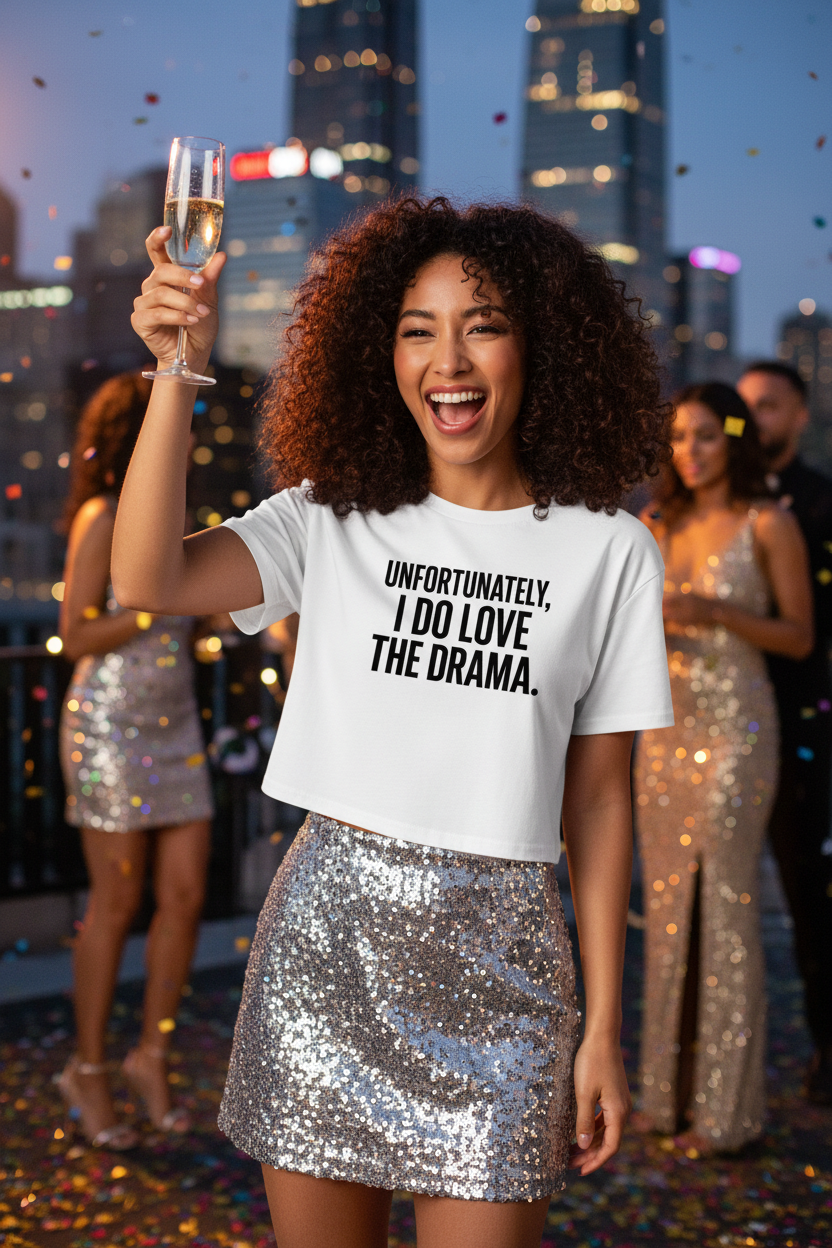 Model wearing the Unfortunately I Love The Drama Crop Top with a silver sequin skirt in a party scene