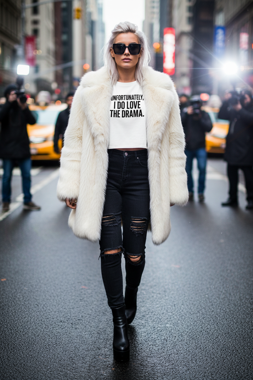 Model wearing the Unfortunately I Love The Drama Crop Top with black boots in a streetwear scene
