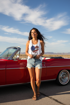 Model wearing the USA Flag Heart Racerback Tank Top beside a red classic car