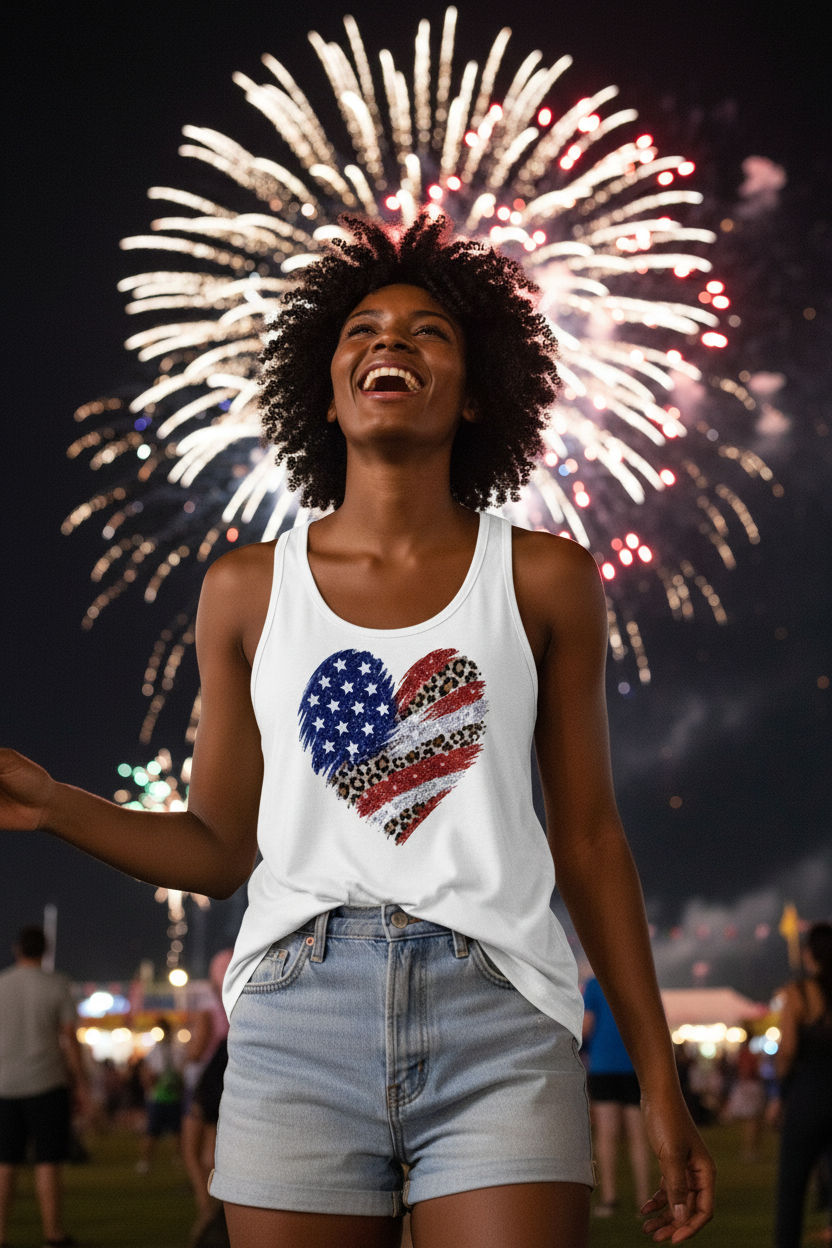 Model wearing the USA Flag Heart Racerback Tank Top at night with fireworks in the background