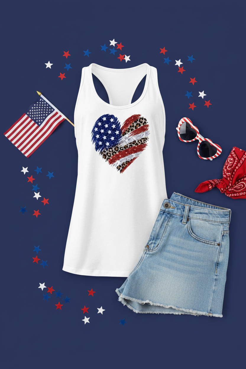 USA Flag Heart Racerback Tank Top flat lay styled with denim shorts and an American flag