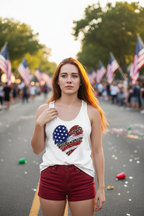 Model wearing the USA Flag Heart Racerback Tank Top in a patriotic outdoor crowd scene