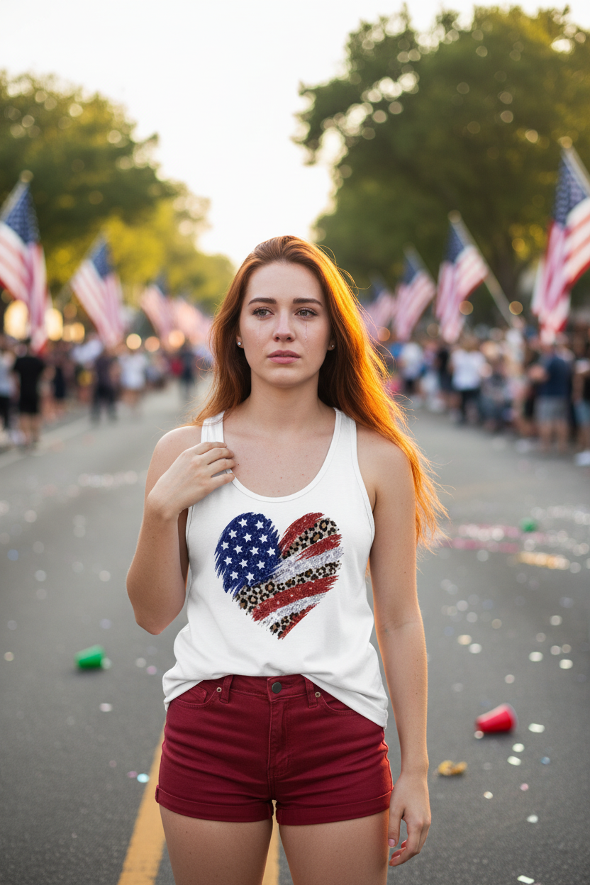 Model wearing the USA Flag Heart Racerback Tank Top in a patriotic outdoor crowd scene