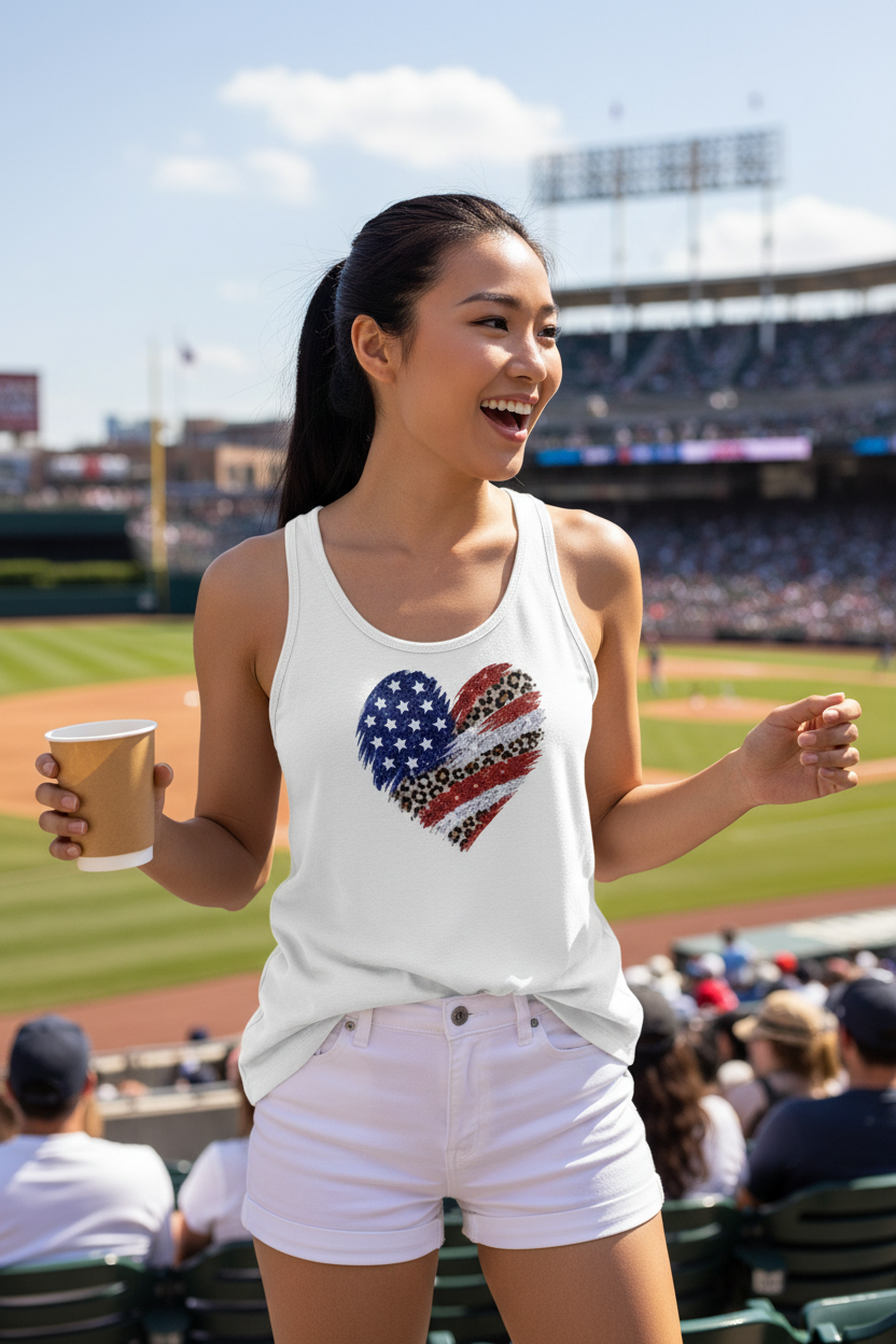 Model wearing the USA Flag Heart Racerback Tank Top at a stadium event with white shorts