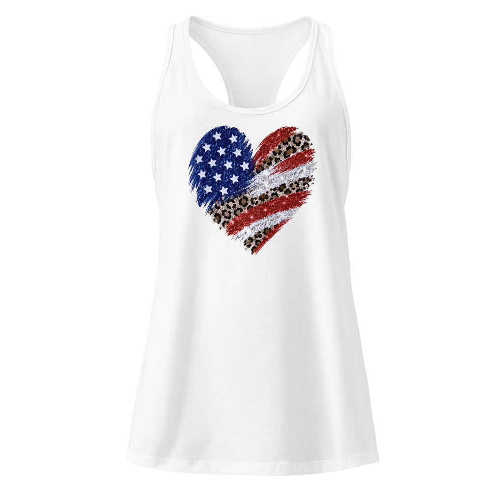 USA Flag Heart white racerback tank top front product mockup with distressed stars and stripes heart graphic