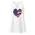 USA Flag Heart white racerback tank top front product mockup with distressed stars and stripes heart graphic