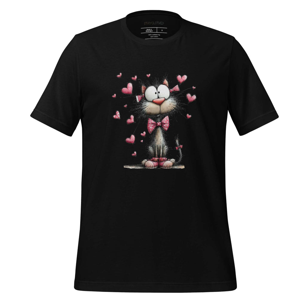 Black t-shirt with a cartoon cat design on a wooden surface, featuring the brand 'StayClothed'.