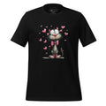 Black t-shirt with a cartoon cat design on a wooden surface, featuring the brand 'StayClothed'.