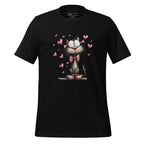 Black t-shirt with a cartoon cat design on a wooden surface, featuring the brand 'StayClothed'.