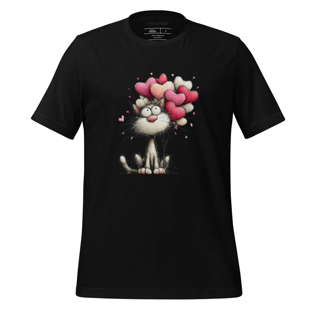 Black t-shirt with a cat and heart balloons design on a wooden surface, featuring the brand 'StayClothed'.