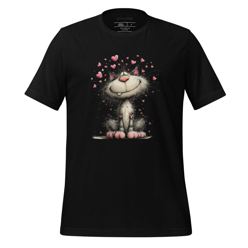 Black t-shirt with a cat graphic and 'StayClothed' branding on a wooden surface.