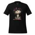 Black t-shirt with a cat graphic and 'StayClothed' branding on a wooden surface.