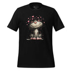 Black t-shirt with a cat graphic and 'StayClothed' branding on a wooden surface.