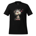 Black t-shirt with a cartoon cat design on a wooden surface, featuring the brand 'StayClothed'.