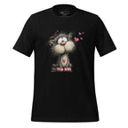 Black t-shirt with a cartoon cat design on a wooden surface, featuring the brand 'StayClothed'.